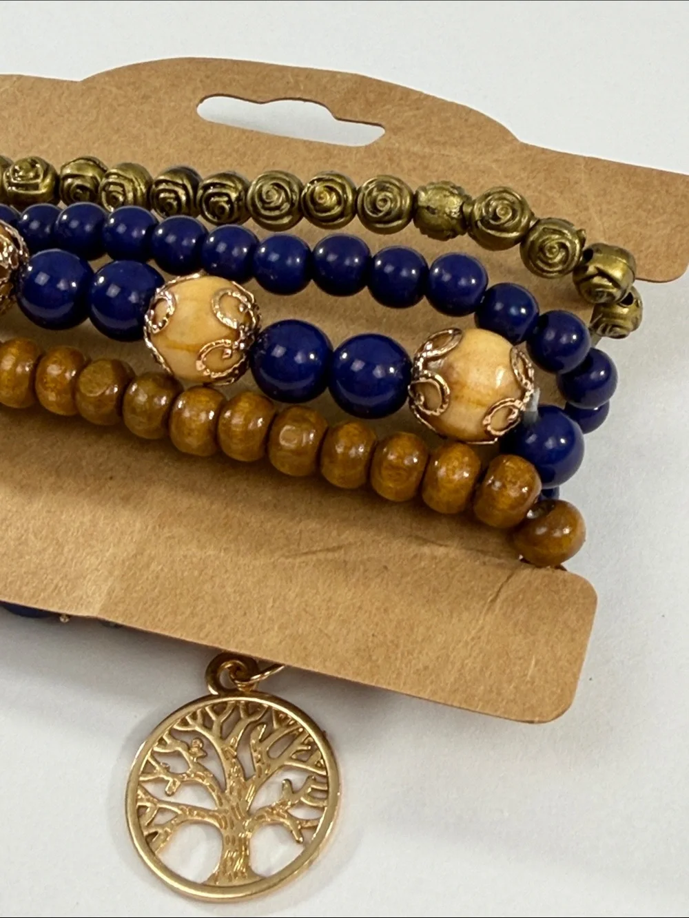 Fashion Jewelry Navy and Brown Beaded Bracelet Stack with Tree Charm